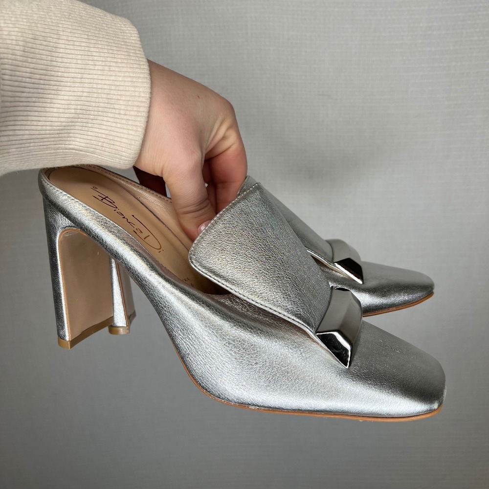 Bianca Di Silver Metallic Leather Square Toe‎ Block Heel Mules Italy Womens 40